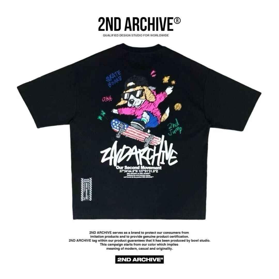 Black graphic t-shirt with cartoon beagle skateboarding, colorful streetwear style, 2nd Archive design