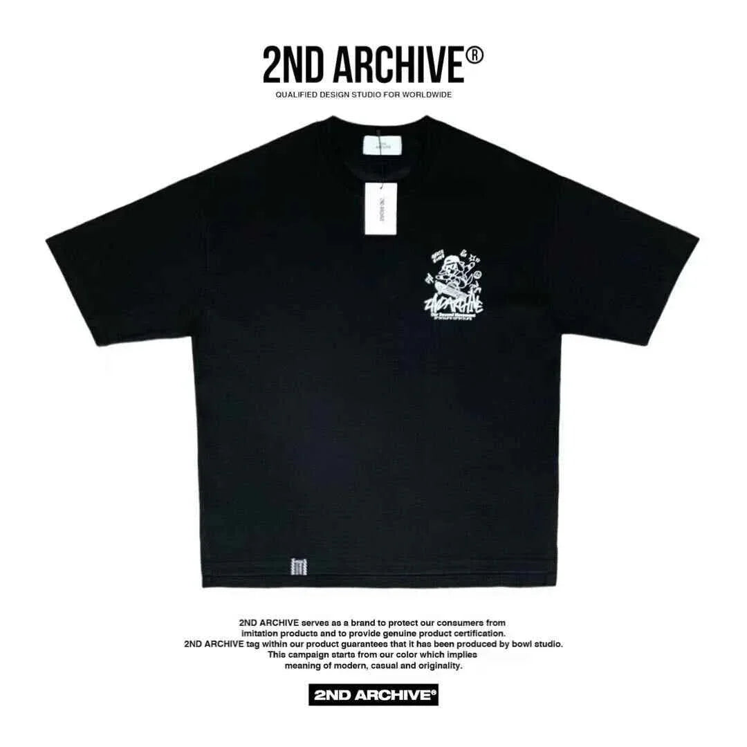 Black 2nd Archive short sleeve t-shirt with white chest graphic and tag, laid flat on white background.