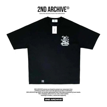 Black 2nd Archive short sleeve t-shirt with white chest graphic and tag, laid flat on white background.