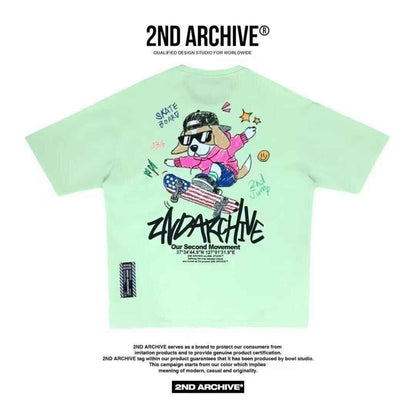 Light green tee with cartoon dog skateboarding, bold &