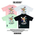 Korean style unisex T-shirts in black, pink, white, and mint green with cartoon fox graphic and colorful graffiti text on the back, trendy streetwear.
