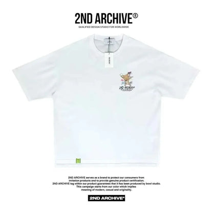 White oversized t-shirt with cartoon fox chest logo and 2ND ARCHIVE text, streetwear style.