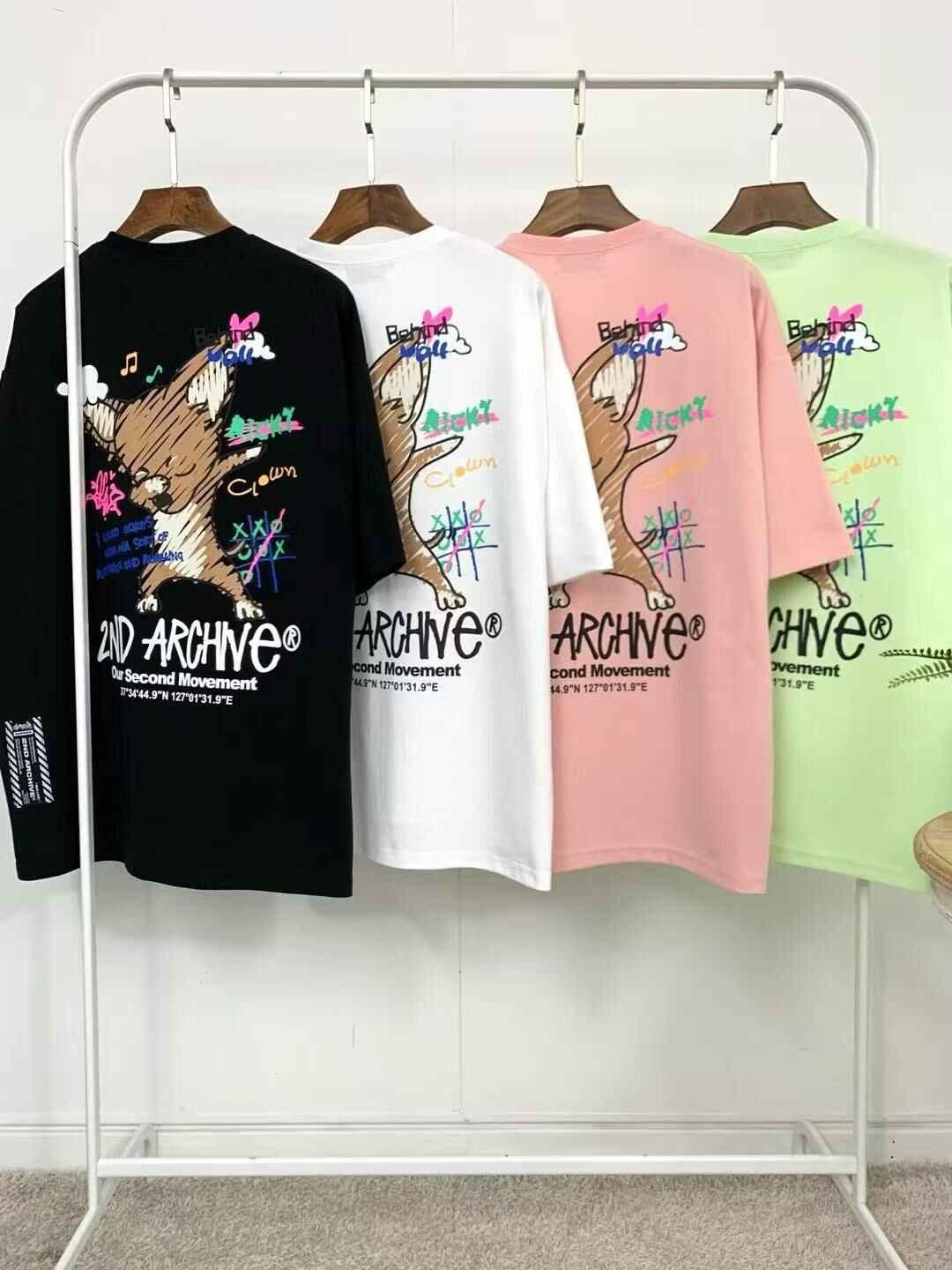 Colorful graphic fox logo tee shirts on hangers, featuring 2nd Archive design and trendy streetwear style.