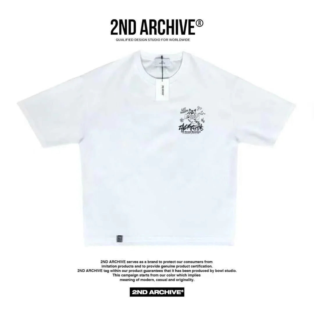 White short sleeve t-shirt with small cartoon cat graphic and text on chest, 2ND ARCHIVE tag visible.
