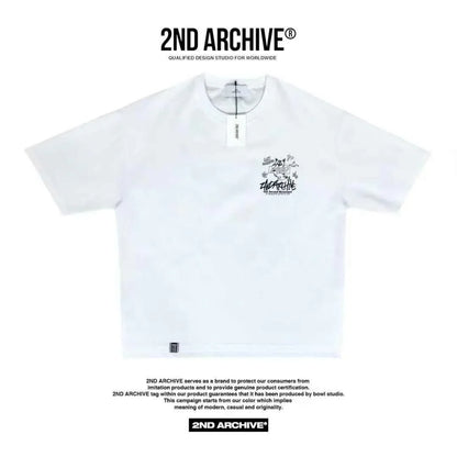 White short sleeve t-shirt with small cartoon cat graphic and text on chest, 2ND ARCHIVE tag visible.