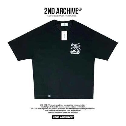 Black graphic T-shirt featuring white chest print and tag, casual streetwear style.