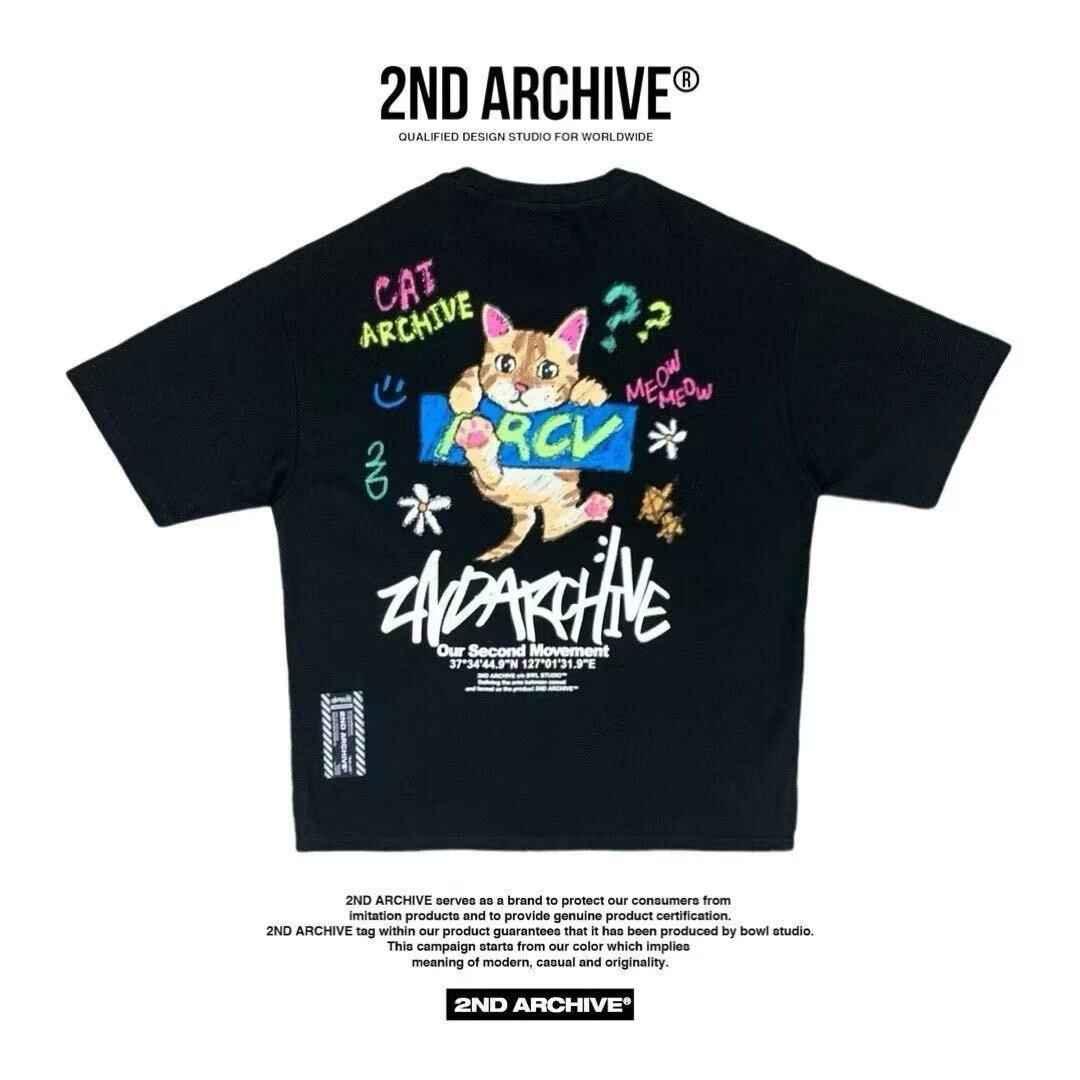 Black t-shirt with colorful cat graphic, playful text, and 2nd Archive branding on back