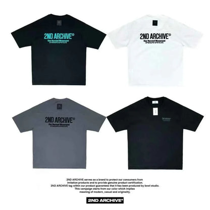 2ND ARCHIVE unisex short sleeve tees in black, white, and gray, back logo design, modern casual style