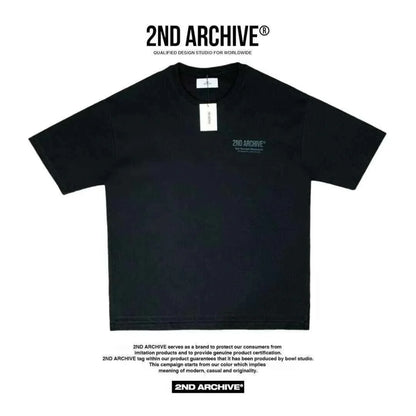 Black short sleeve t-shirt with small embossed 2ND ARCHIVE logo on chest, modern minimalist style