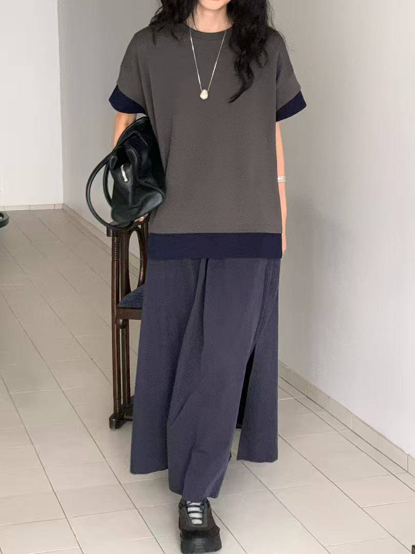 韓國直送Layered Contrast Tee ／Flowy A - Line Skirt - HLY & CHOCCICO