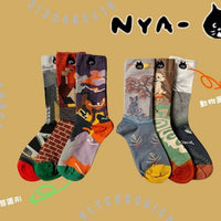 Ne - net NYA 日系可愛貓咪撞色個性中高筒襪子（一組三對） - HLY & CHOCCICO