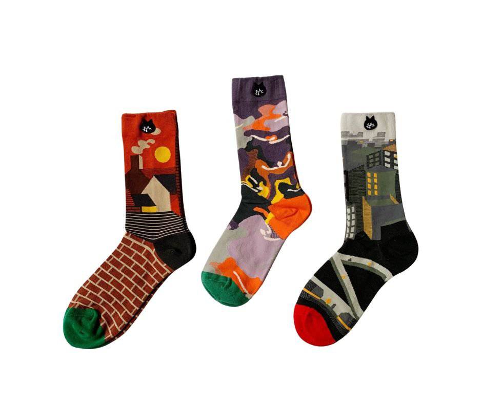 Ne - net NYA 日系可愛貓咪撞色個性中高筒襪子（一組三對） - HLY & CHOCCICO