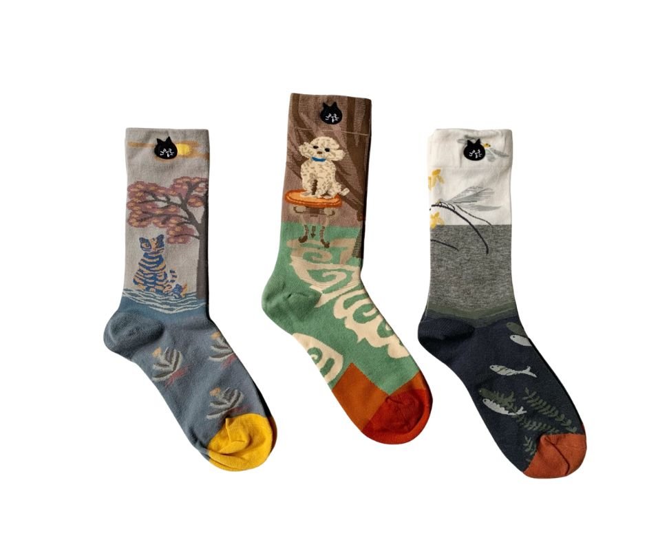 Ne - net NYA 日系可愛貓咪撞色個性中高筒襪子（一組三對） - HLY & CHOCCICO