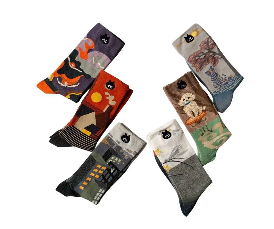 Ne - net NYA 日系可愛貓咪撞色個性中高筒襪子（一組三對） - HLY & CHOCCICO