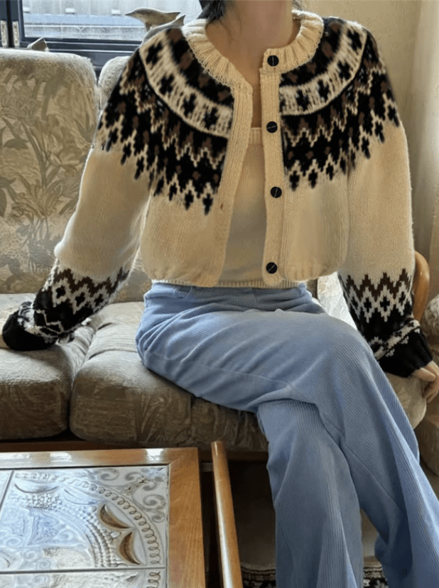 日本直送Nordic Pattern Cropped Length Knit Cardigan - HLY & CHOCCICO