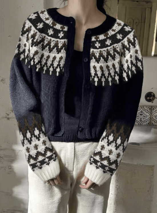 日本直送Nordic Pattern Cropped Length Knit Cardigan