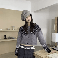 日本直送Nordic Pattern Cropped Length Knit Cardigan - HLY & CHOCCICO