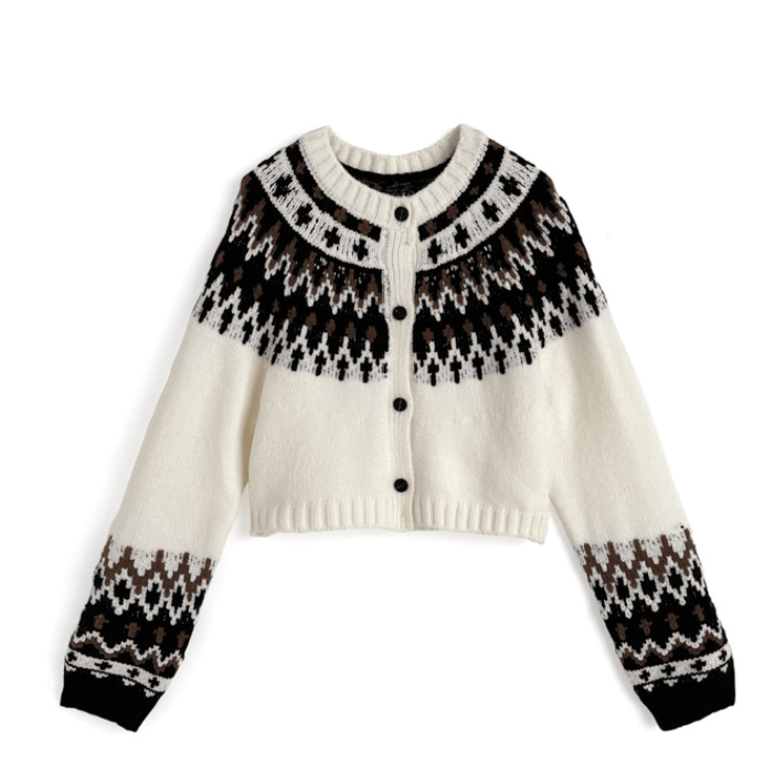 日本直送Nordic Pattern Cropped Length Knit Cardigan - HLY & CHOCCICO