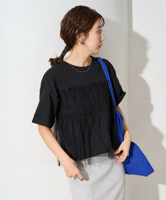 Tulle Ruffle Docking Short Sleeve T-Shirt