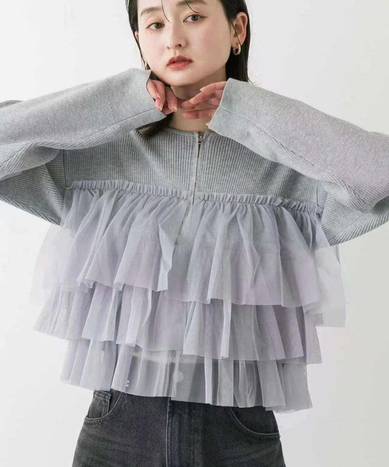 日本直送Double Zip Frill Knit Cardigan