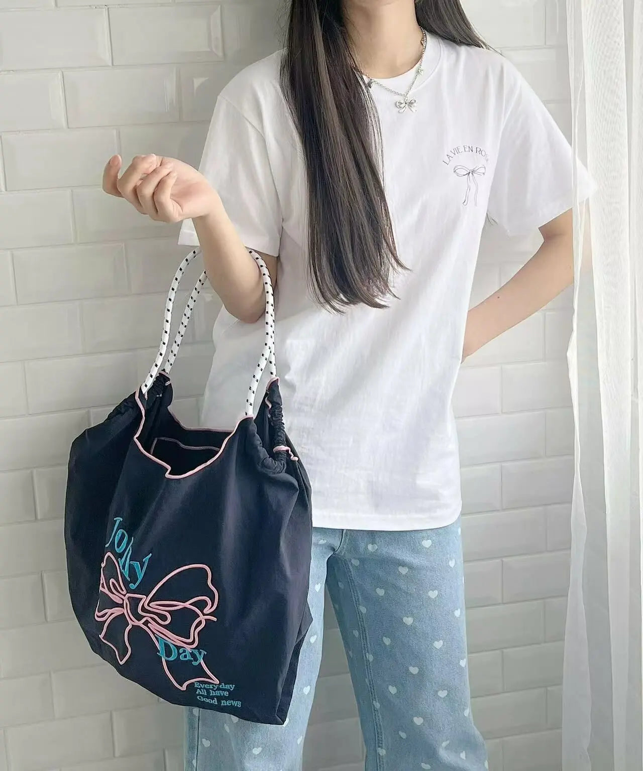 日本直送Ribbon embroidered tote bag HANNA