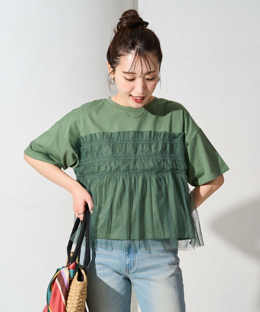 Tulle Ruffle Docking Short Sleeve T-Shirt