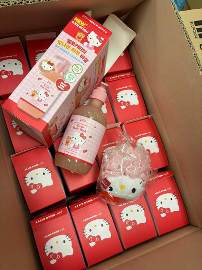 韓國 Plu X Hello Kitty 玫瑰保濕水潤光澤 磨砂沐浴露 500ml + 沐浴球｜Vita Glow Moisture Radiance Scrub Body Wash - HLY &amp; CHOCCICO