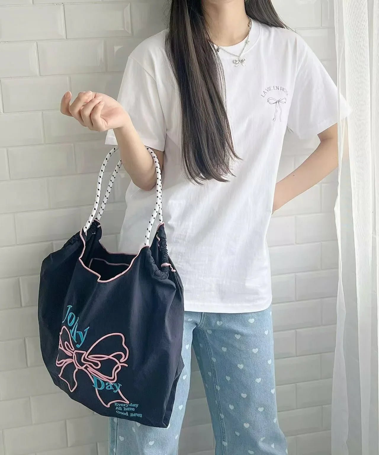 日本直送Ribbon embroidered tote bag - HLY &amp; CHOCCICO