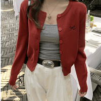 日本直送Ribbon Embroidery Short Length Knitted Cardiga - HLY & CHOCCICO