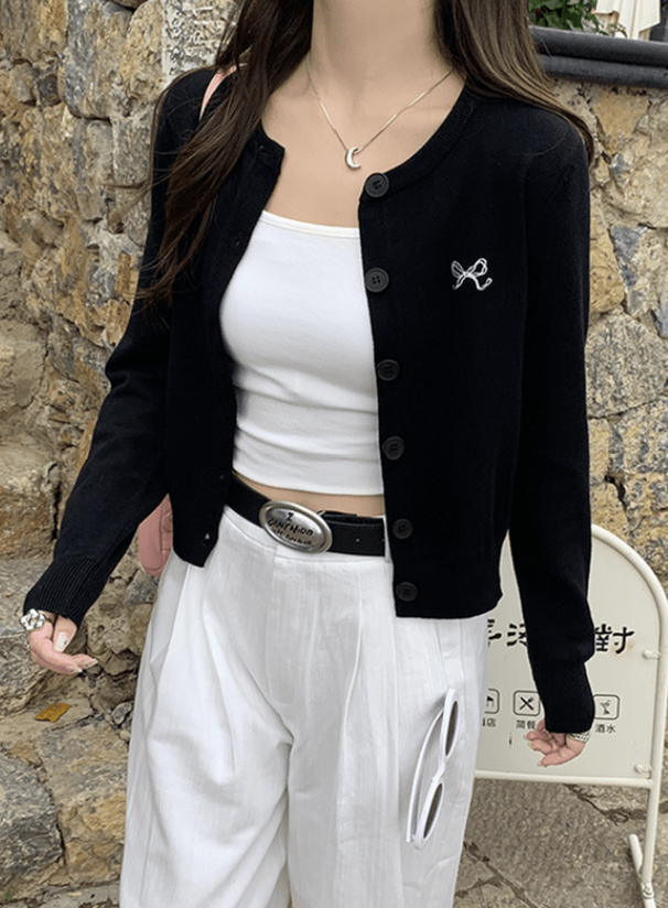 日本直送Ribbon Embroidery Short Length Knitted Cardiga - HLY & CHOCCICO