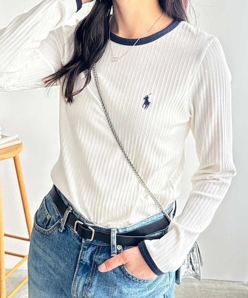 RL Ribbed Fabric Contrast Long Sleeve Tee
