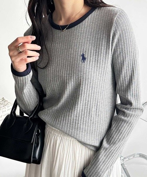 RL Ribbed Fabric Contrast Long Sleeve Tee
