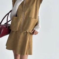 韓國直送Suede Zip-Up Vest ／ A-Line Suede Skirt - HLY & CHOCCICO